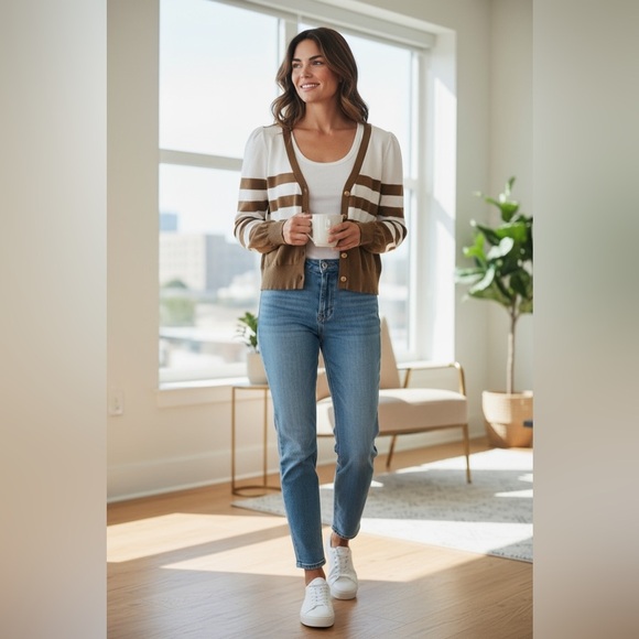 MICHAEL Michael Kors Brown and White Striped Cardigan - Picture 1 of 6